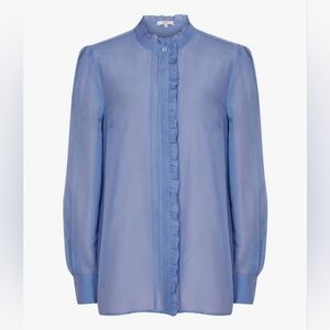 Reiss Liddy Silk Cotton Frill Detail Shirt Blue Button Up Size 6